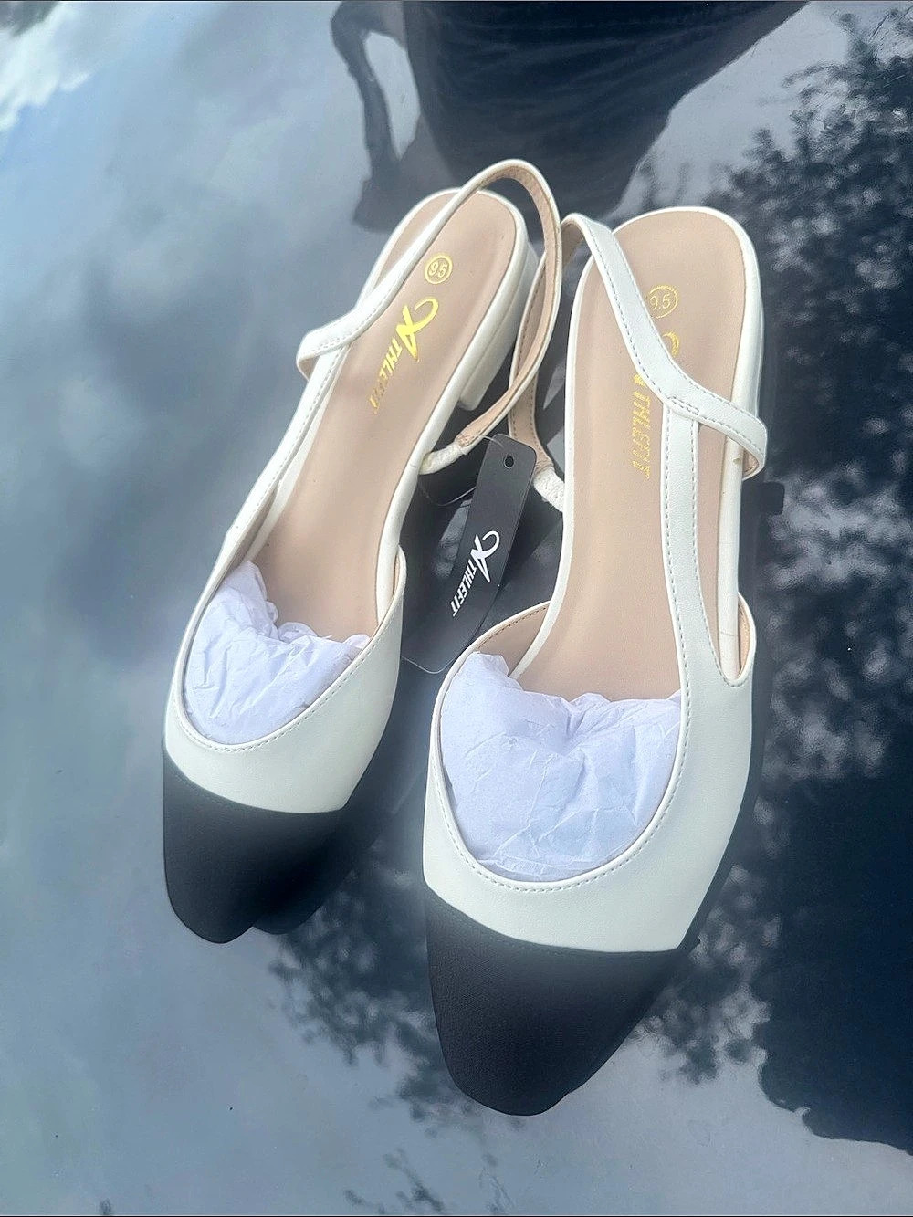 Xti Color Block Slingback Heels in White & Black Like New